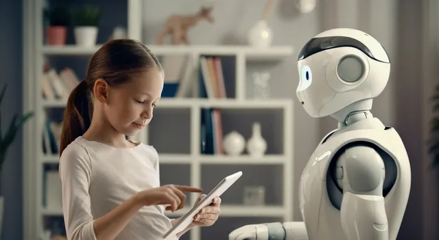 Een meisje staat tegenover een robot met een tablet in haar hand.