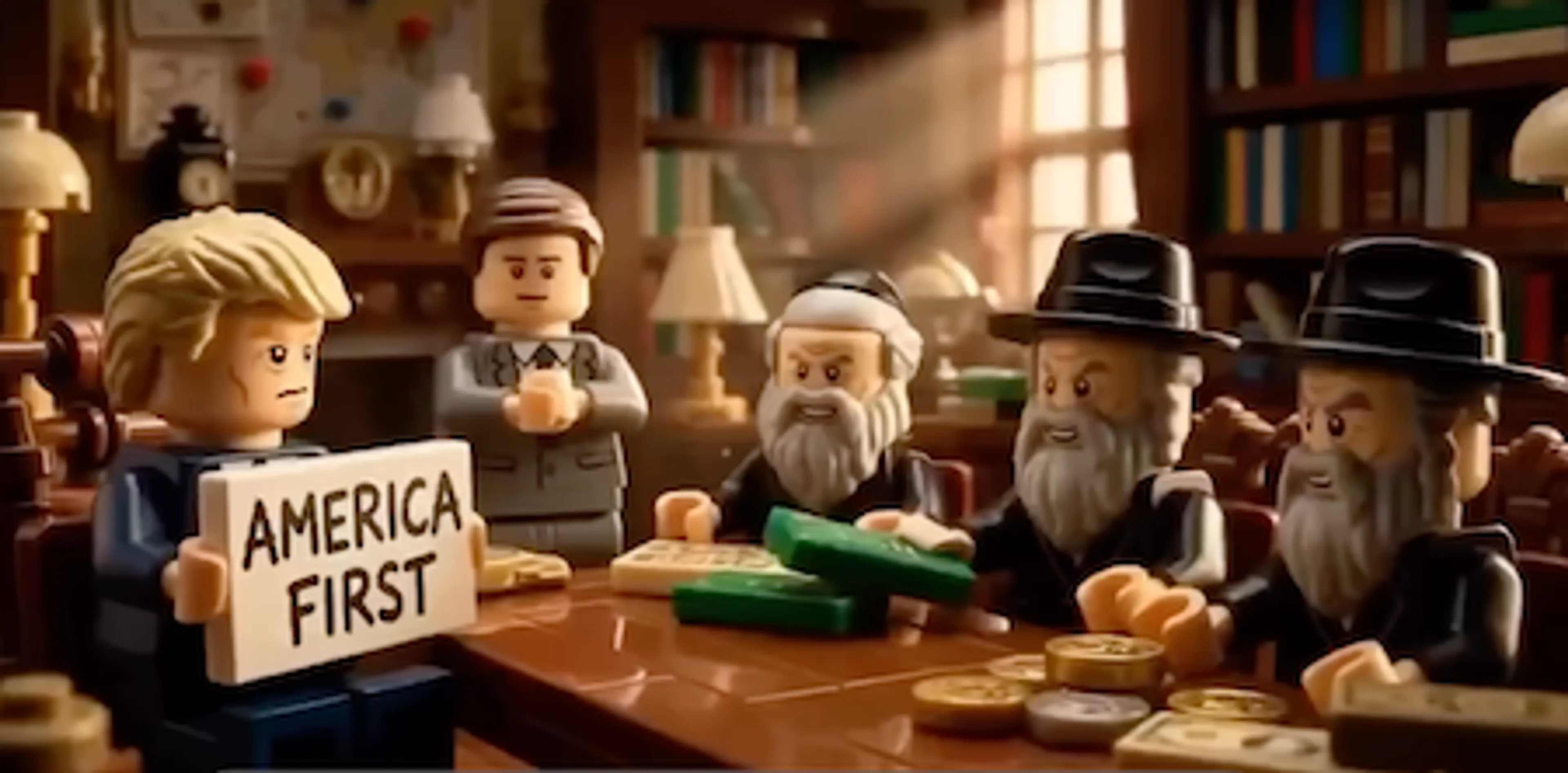 Een screenshot uit een Iraans antisemitisch clipje waarin Trump wordt afgeschilderd als marionet van een Joods complot.