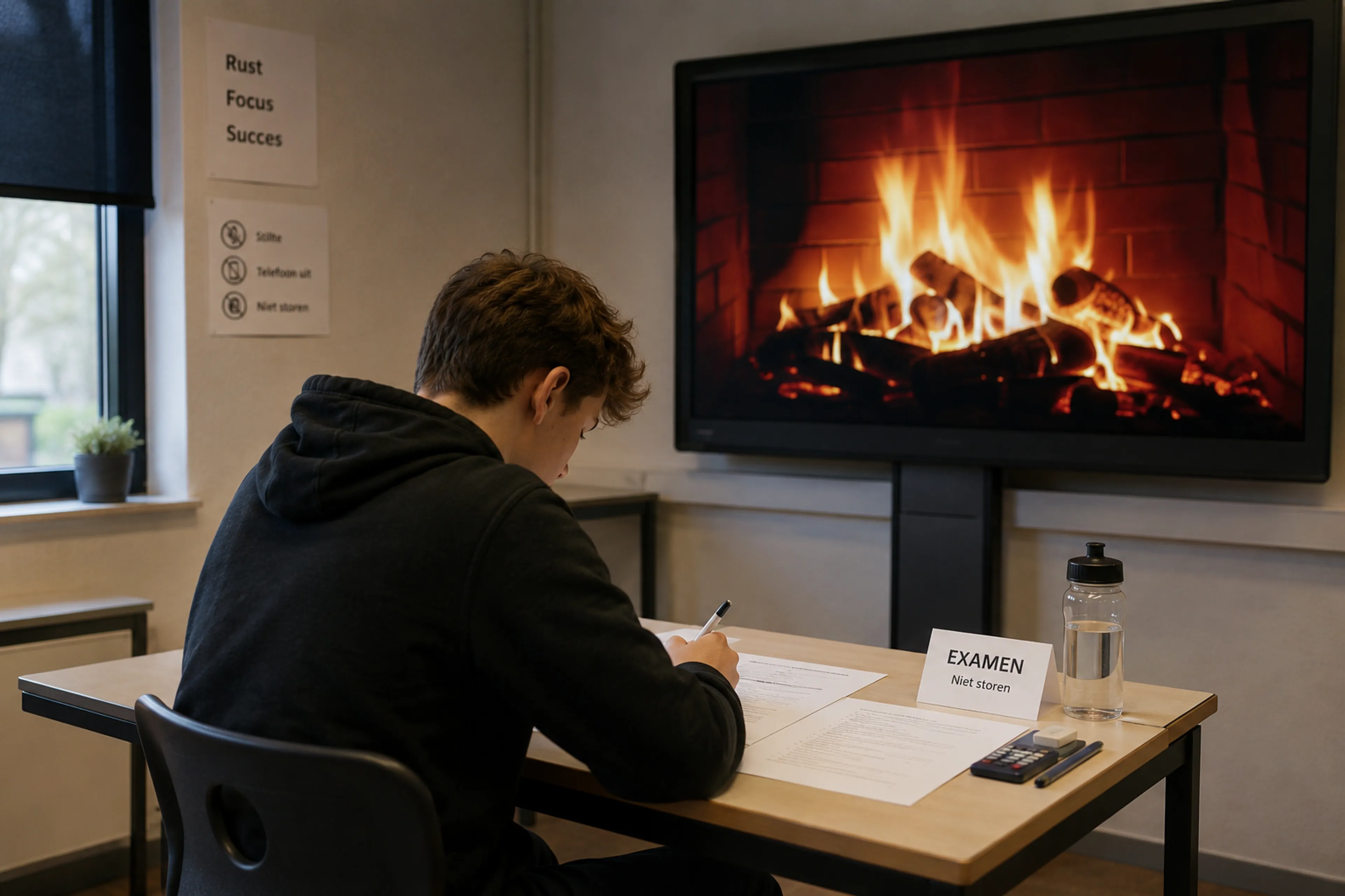 Leerling maakt examen bij digitaal haardvuur, gemaakt met AI