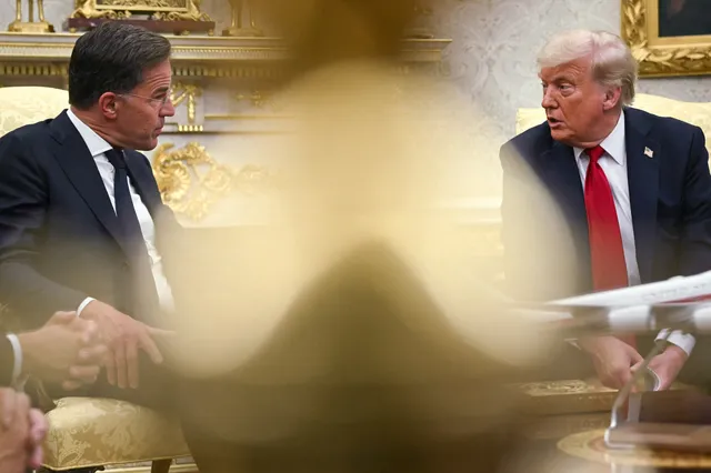 Rutte, secretaris-generaal van de NAVO en de Amerikaanse president Donald Trump.