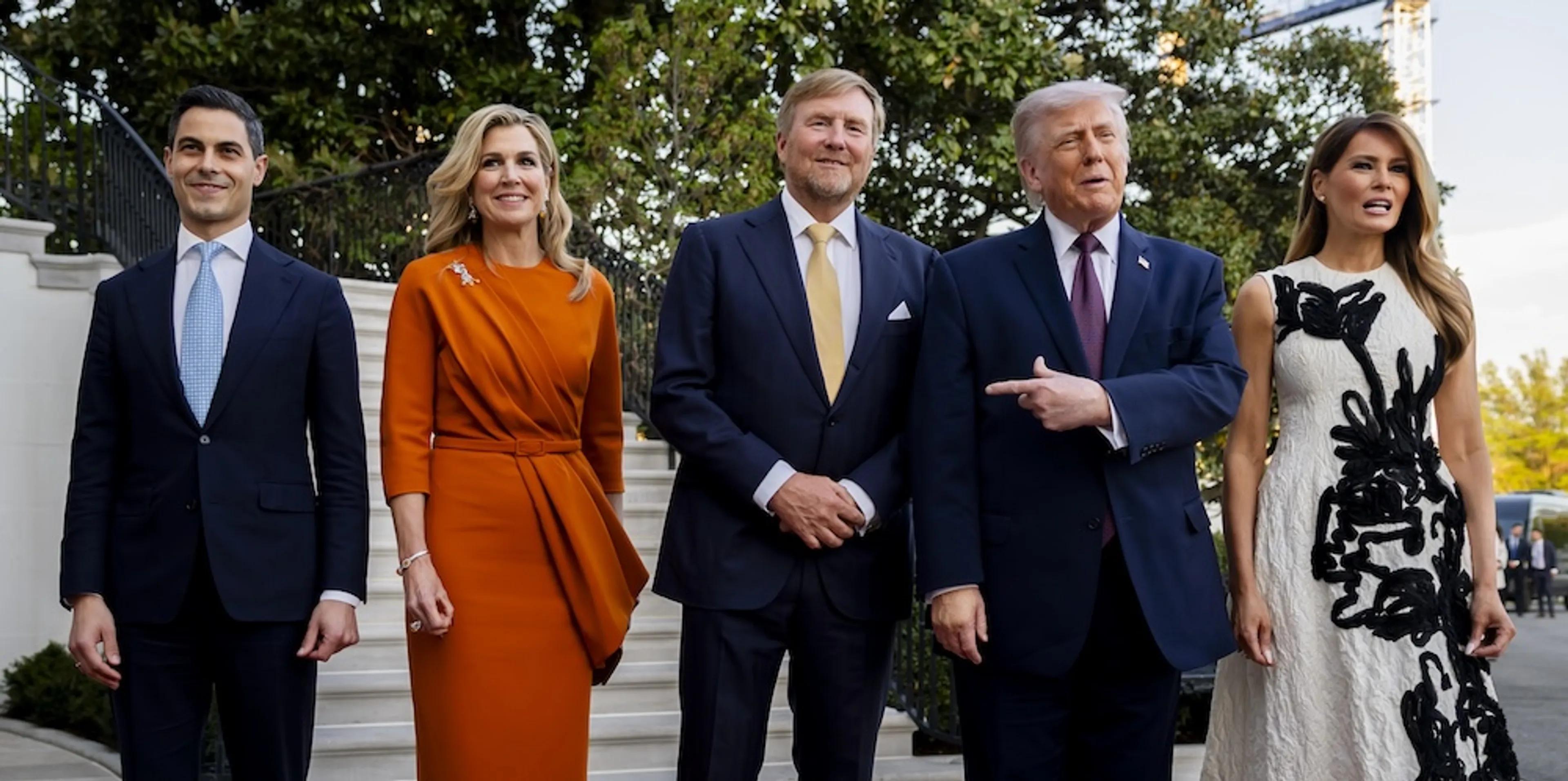 Premier Rob Jetten, kKoning Willem Alexander en Koningin Maxima op bezoek in de VS bij Donald en Melania Trump.
