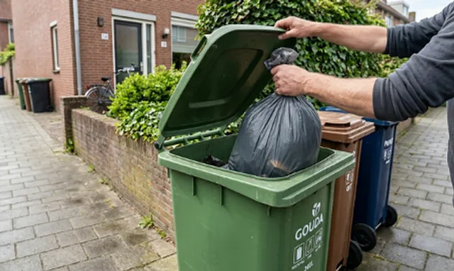Gouda vuilniscontainer: Op een stoep in een rustige woonwijk wordt een persoon — met donkere trui zichtbaar vanaf de romp en armen — gezien terwijl hij een grote zwarte vuilniszak in een groene rolcontainer gooit en het deksel vasthoudt; naast deze container staan nog twee andere bakken, bruin en blauw, in een rij langs de straat. Op de achtergrond zijn rijtjeshuizen met voortuinen en een geparkeerde fiets zichtbaar, waarmee de alledaagse afvalpraktijk in kaart wordt gebracht.